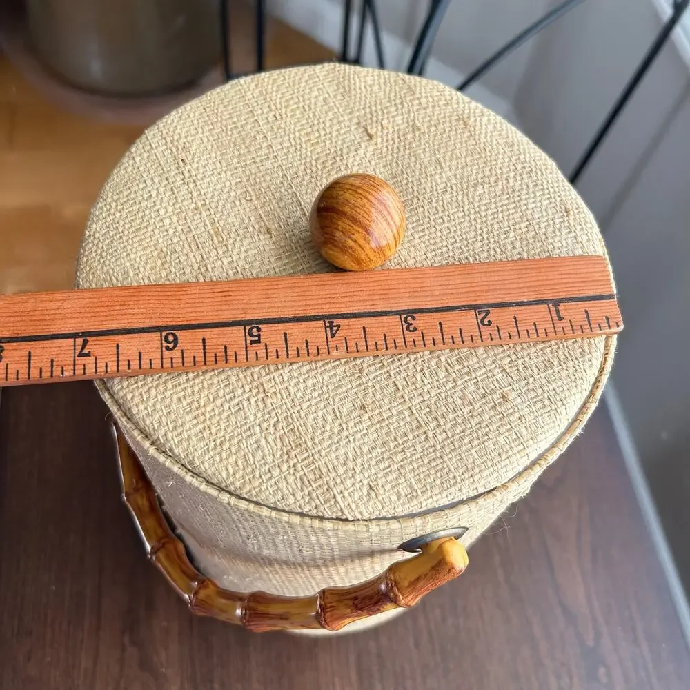 Vintage Mid-Century Modern Tall Grass Cloth Ice Bucket with Bamboo Handle